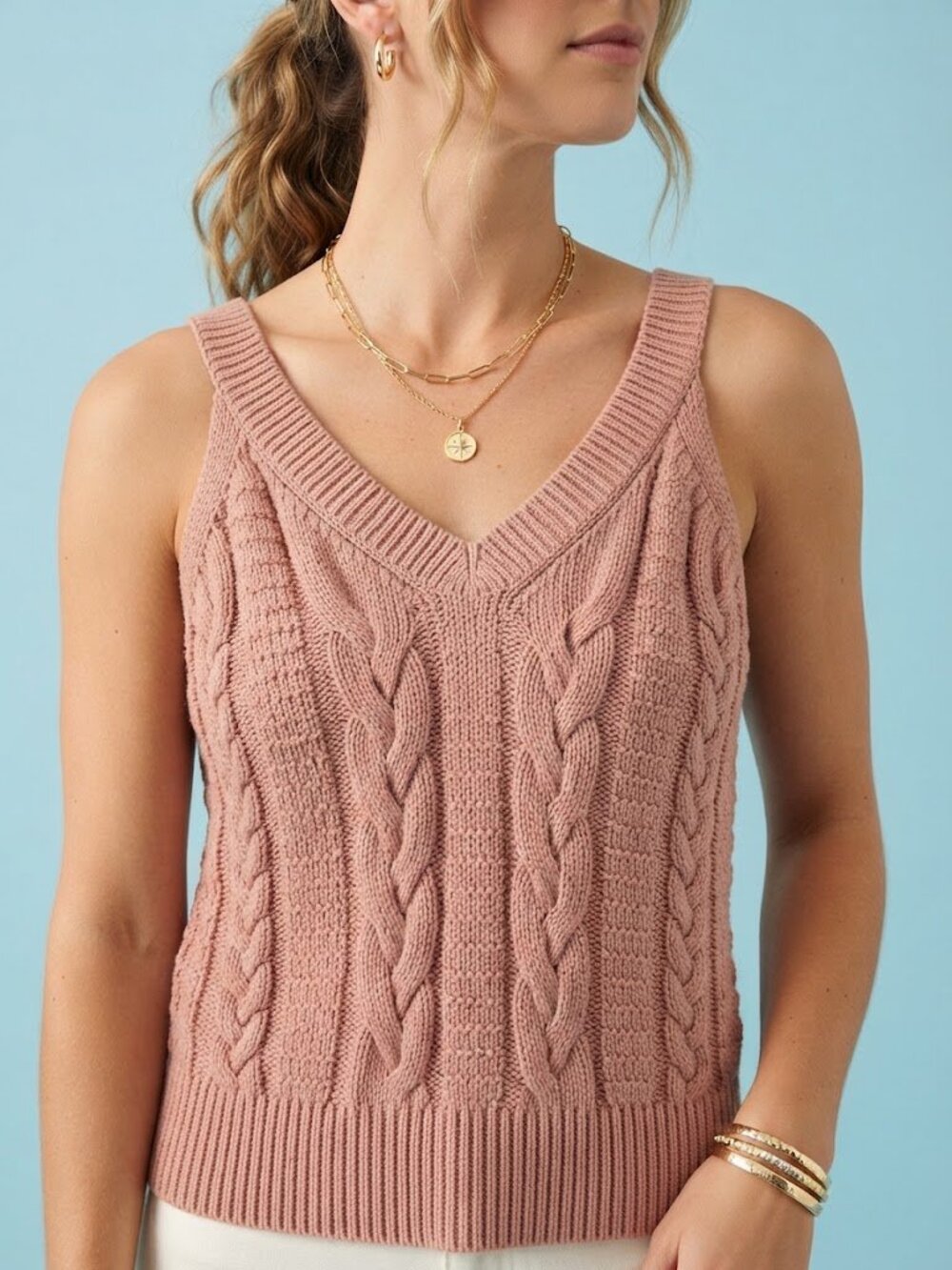 Dusty Rose Cable Knit V-Neck Tank Top